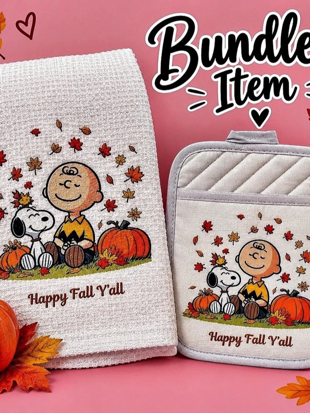 Peanuts Happy Fall Y'All Kitchen Towel and Potholder Set Towel & Pouch Set Pink
